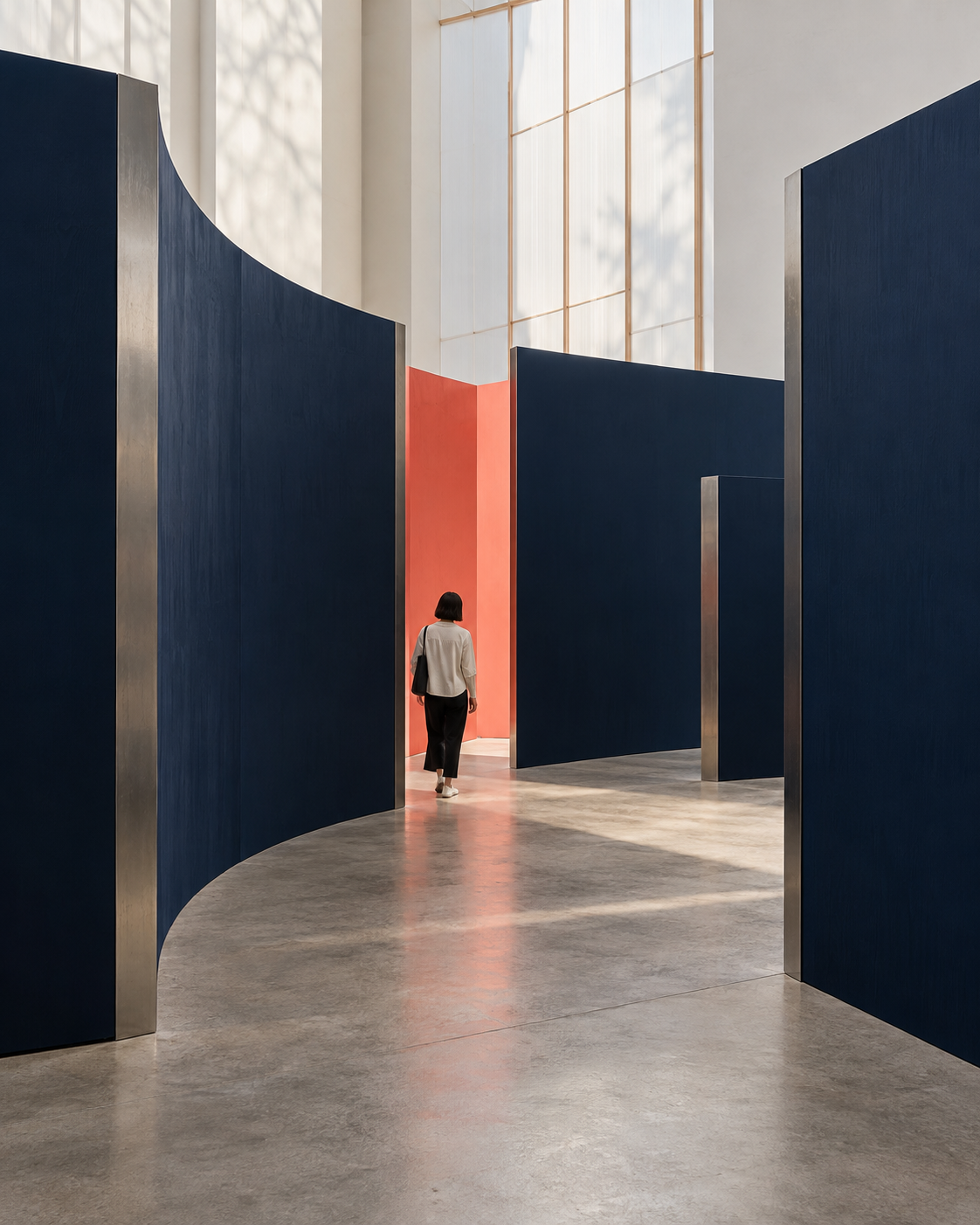 A person moving through a navy and coral spatial installation