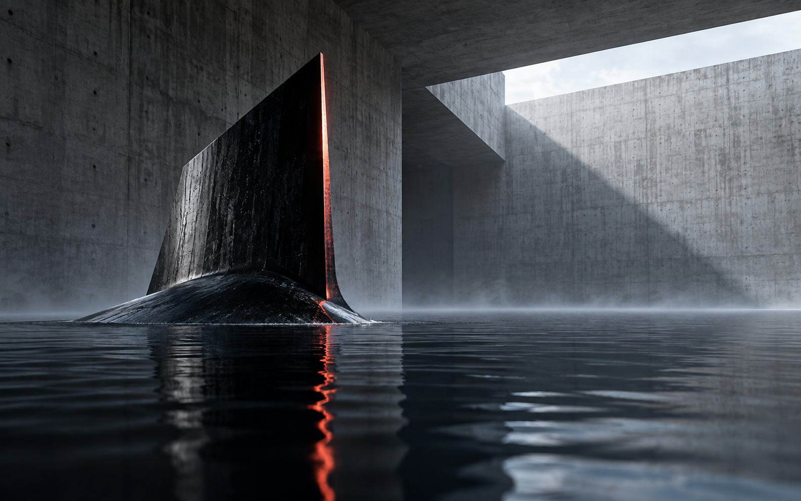 A black architectural form surfacing through water inside a concrete chamber
